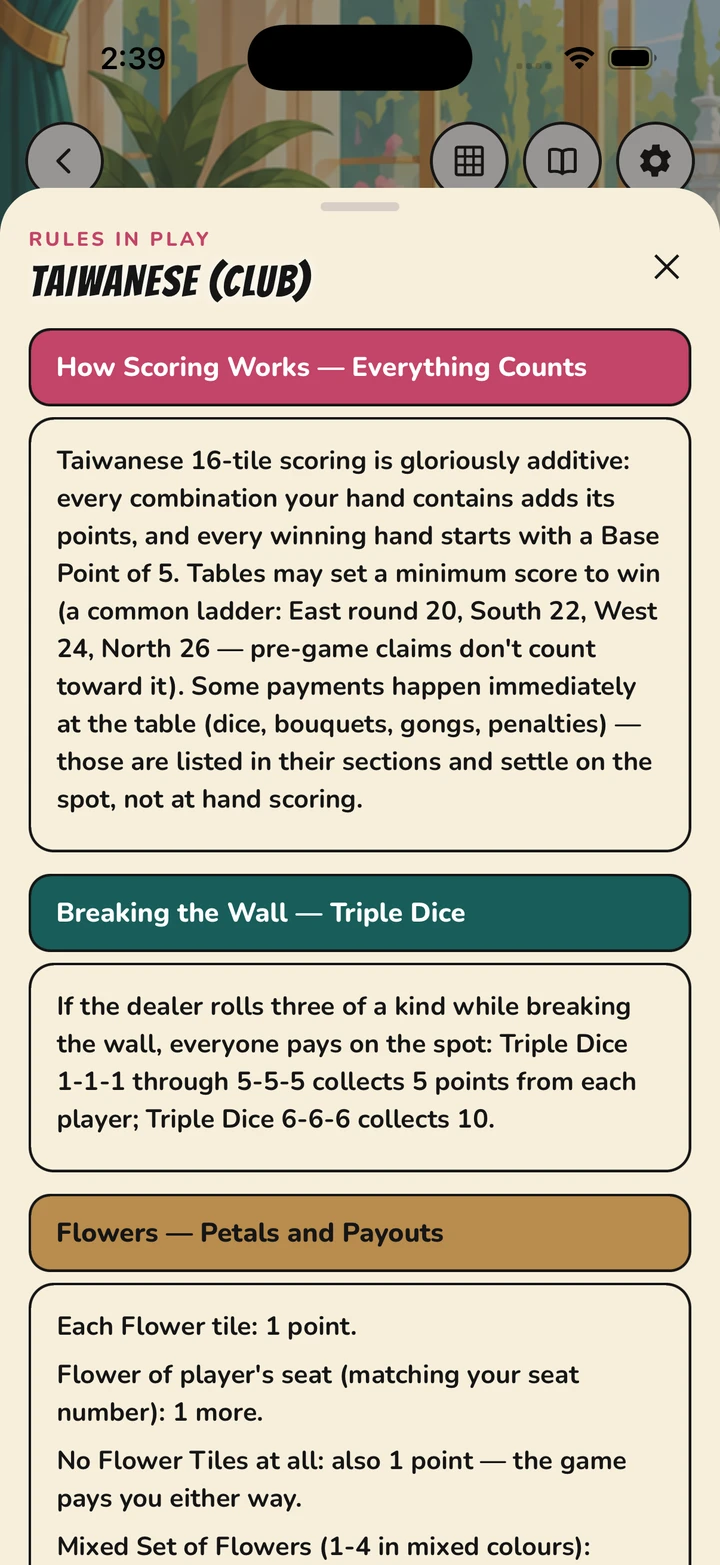 Actual in-game Taiwanese Club rules sheet with scoring explanations.